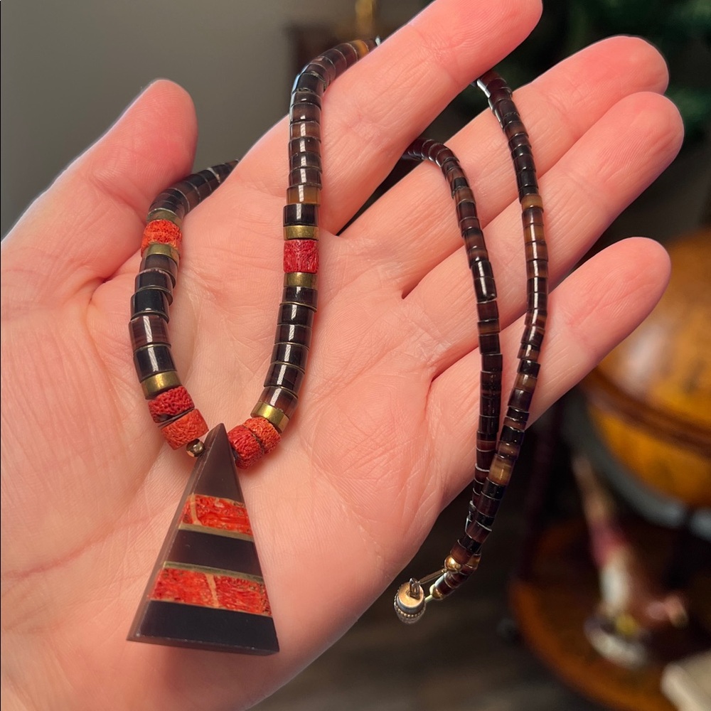 Vintage Heishi Shell Sponge Coral Native American Inlay Triangle Necklace